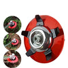 Red and black agricultural tool on a white background with inset images showing its use.