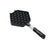 Black waffle ball maker with a handle on a white background