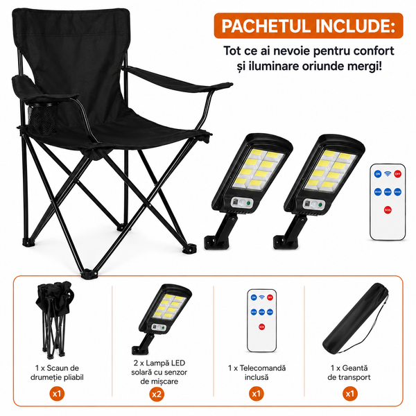 Scaun de Drumeție Pliabil cu Suport pentru Băutură + Set 2 x Lampi cu Incarcare Solara 8 celule 150W, 160 LED-uri COB CADOU