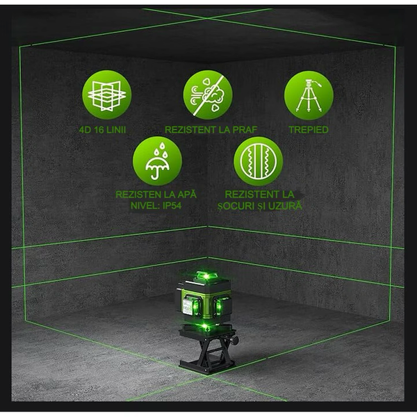 Nivela laser 4D cu 16 linii, autonivelare, telecomandă, lumina verde, platformă de ridicare, Trepied