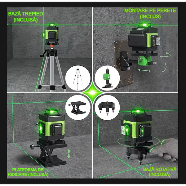 Nivela laser 4D cu 16 linii, autonivelare, telecomandă, lumina verde, platformă de ridicare, Trepied