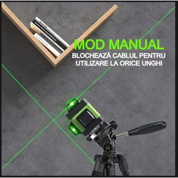 Nivela laser 4D cu 16 linii, autonivelare, telecomandă, lumina verde, platformă de ridicare, Trepied