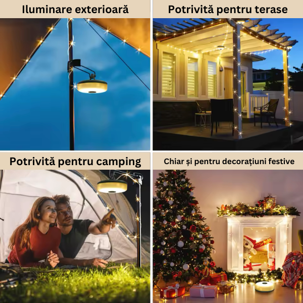 Bandă Luminoasă LED 10M pentru Camping, Rezistentă la Apă, cu Moduri de Iluminare și Conectare USB