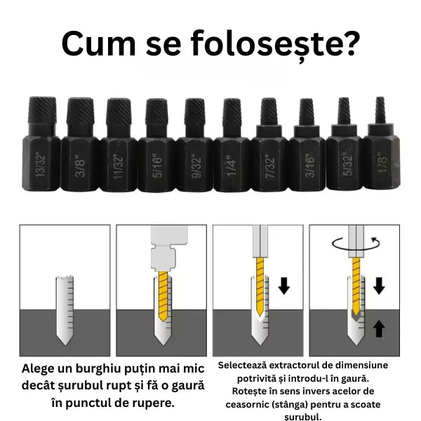Set 10 extractoare pentru șuruburi rupte și piulițe – oțel aliat rezistent