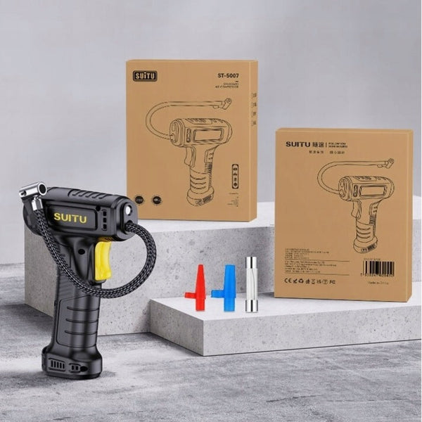 Compresor portabil wireless pentru anvelope auto cu LED, manometru și încărcare USB