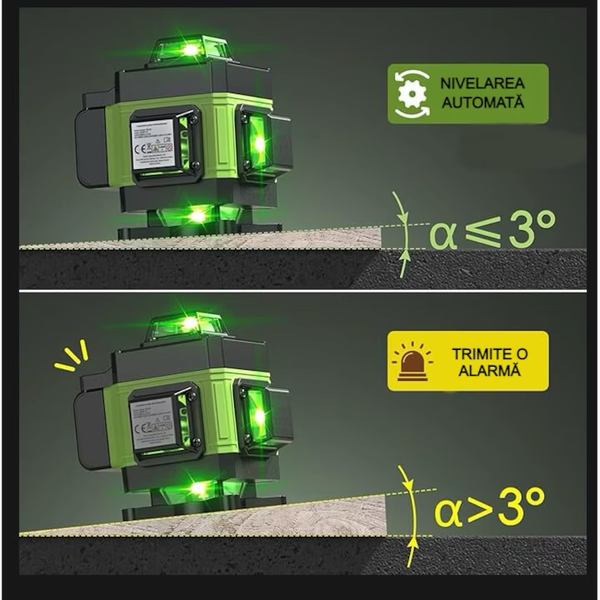 Nivela laser 4D cu 16 linii, autonivelare, telecomandă, lumina verde, platformă de ridicare, Trepied