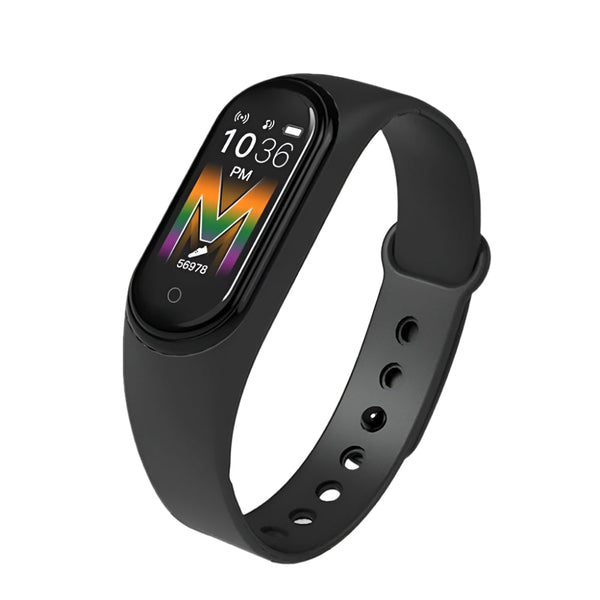 Black smartwatch with a colorful display on a white background